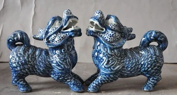 Čínsky Blue&White Porcelánu Vyrezávané Fengshui Kirin Zlé Zviera Kylin Socha (Odporúčame objednať 2 ks= Pár)