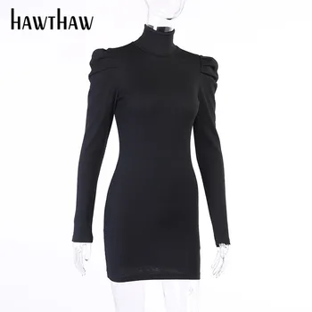 Hawthaw Ženy Jeseň Zima Dlhý Rukáv Turtleneck Bodycon Soild Farba Čierna Slim Mini Šaty 2020 Ženské Oblečenie, Streetwear