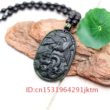 Muži Jade Dragon Phoenix Šarm Čiernej Amulet Prívesok Príslušenstvo Prírodné Náhrdelník Obsidian Vyrezávané Zelený Čínsky Šperky, Darčeky