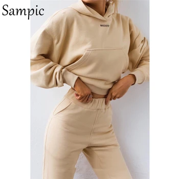 Sampic bežné zimné kapucňou, dvoma kus ženy tepláková súprava long sleeve tlač tričko topy a nohavice dvoch kus oblečenia 2020