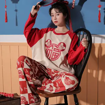 Pajama Sady Ženy Elegantné Cartoon Krásne Kórejský Femme Sleepwear Mäkké Nadrozmerná Jar Jeseň Preppy Lady Dve Dielna Sada Kawaii Pyžamá