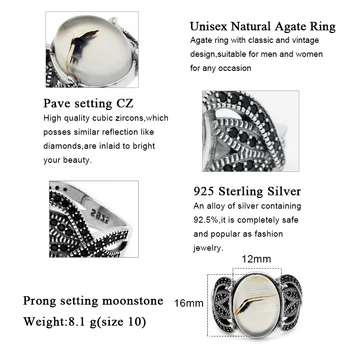 Vintage Mens Krúžok 925 Sterling Silver Prírodný Kameň Achát Krúžok & Black CZ Prstene pre Mužov Žien, turecká Ručne vyrábané Šperky Darček