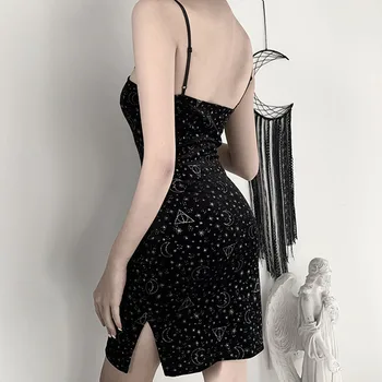 Rosetic Gotický Sexy Split Zamatové Šaty Žien Tmavé Elegantné Hviezdne Nebo Tlač Vintage Čierna Bodycon Mini Šaty Letné Goth Girl