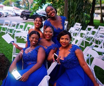 Kráľovská Modrá Čipky Bridemaid Šaty Dlhé 2020 New Horúce Šifón Úplnej Krku Nášivka Prom Party Šaty Bez Rukávov Svadobné Šaty Hosť