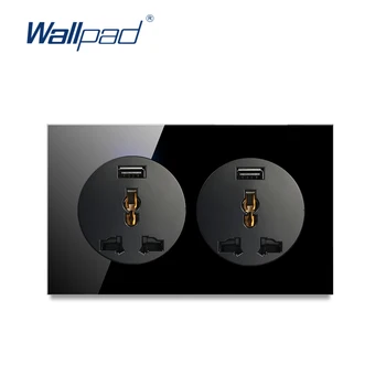 Wallpad Dvojité EU, UK, US Univerzálne Elektrické Zásuvky v Stene 2x 2.1 A USB Nabíjanie Port 146 Veľkosť elektrickej Zásuvky, Čierne Tvrdené Sklo Panel