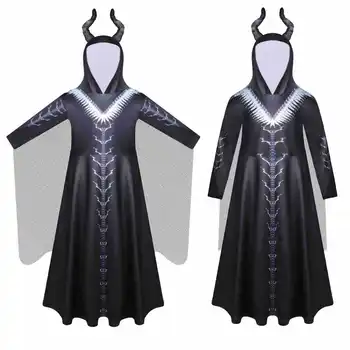 Dievčatá Solid Black Maleficent Šaty Halloween Kostýmy Deti Zdobiť Diabol Cosplay Kostým Oblečenie Horn Čierne Šaty Darebák Oblečenie
