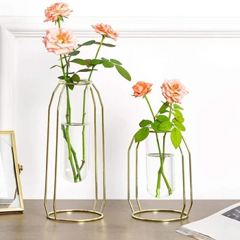 Jasné, Sklenené Vázy,Sada 2 Bodom Vázy s Kovový Stojan na Obývacia Izba, Spálňa, Kúpeľňa Kuchyňa Decor-Zlato