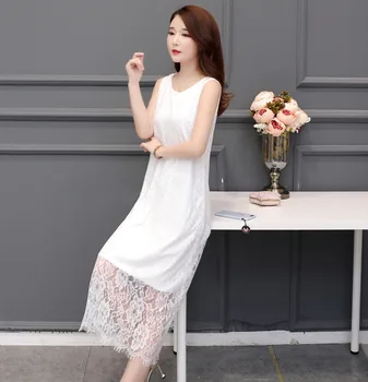 Slip šaty Nové letné dvojité modálne dlho čipky šaty dámske kórejskej veľkej veľkosti spodnička žien pevné underskirt ženy vnútorné šaty