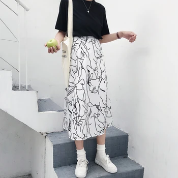 2018 Lete Ženy Ručne maľované Midi Sukne kórejský Elegantné Vysoký Pás Abstraktné Vytlačené Midi Sukne Elastický Pás Split Black Skirst