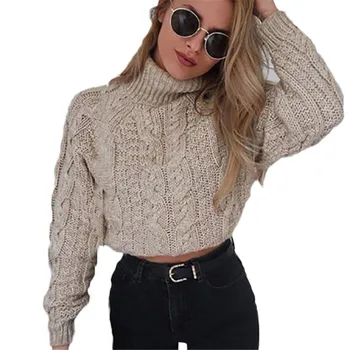 2020 nové voľné krátke sveter čierna šedá dlho svietidla rukáv pulóver vysoká krku bežné pletený sveter