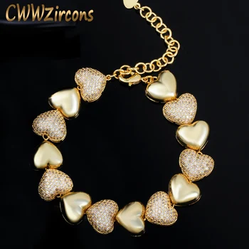 CWWZircons Vysokej Kvality Micro Pave Cubic Zirconia Afriky 585 Žlté Zlato Lásky Srdce Tvar Dámske Náramky Šperky Darček CB202