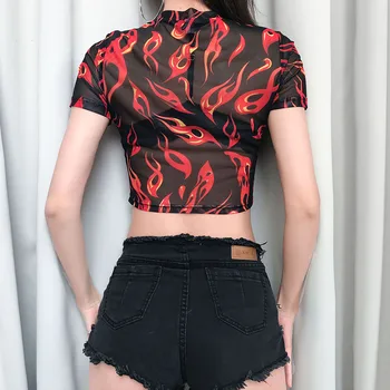 Wmen Lete Roku 2020 Krátke Rukávy Módne Oheň Vytlačené T-Shirt Vidieť-cez Oka Transparentné Topy Cool Fashion Slim O-krku Žena