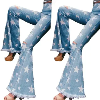 Wepbel Bell-bottom Džínsové Nohavice dámske Star Vytlačené Roztrhané Džínsy Tassled Okraji 2020 Lete Plus Veľkosť Vysoký Pás Jeans Nohavice