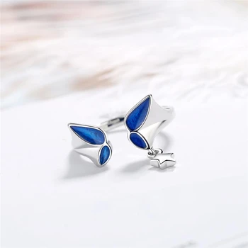 Jediným Pamäte Modrá Drip Glazúra Motýľ v Pohode Roztomilé Sladké 925 Sterling Silver Žena Resizable Otvorenie Krúžky SRI570