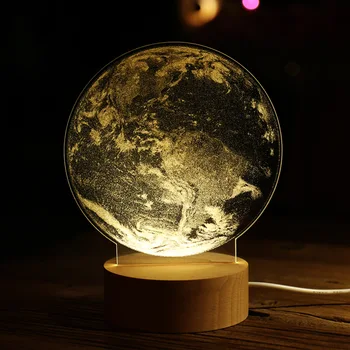 Drevené 3D Stolná Lampa 8 Štýlov USB Powered Akryl Ilúzie Atmosféru Osvetlenia Dotyk Domova Spálňa Darček LED Nočné Svetlo