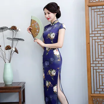 Fialová kvalitné Saténové Sexy Čínsky Tradičné Dlhé Cheongsam Šaty Pre Ženy, Plus Veľkosti 4XL 5XL Qipao китайское платье