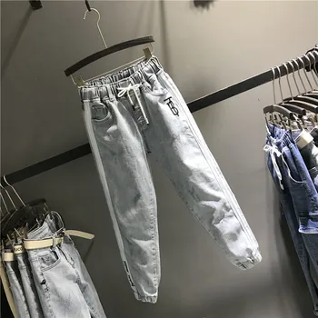 2020 jar nové módne výšivky elastický pás džínsy ženy voľné členok dĺžka hárem nohavice
