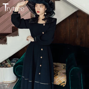 Trytree 2021 Jar Jeseň dámske Šaty Bežné Vintage Elegantné Námorník Golier Singel svojim Polovici Teľa A-line Čierne Hodvábne Šaty