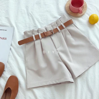 CamKemsey Kórejský Stručný Dizajn Biely Oblek Šortky Pre Ženy 2020 Módne Pevné Vysoký Pás Široký Nohu Šortky S Pásom 5 Farieb