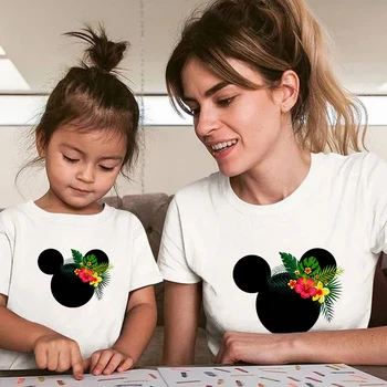 Kvet Mickey Mouse Hlavou Zábavné Print Biele Unisex tričko Lete Bežné Harajuku Deti Topy Tee Rodiny Zodpovedajúce Oblečenie