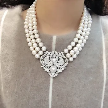 Ručne viazané 3rows prírodné 8-9mm biela sladkovodné perly micro vložkou zirkón príslušenstvo náhrdelník módne šperky