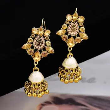 Vintage Indickej crystal Jhumka Náušnice Šperky Pre Ženy Boho Etnických Zlatej Zliatiny Big Bell Farebné Korálky Strapec Visieť Náušnice