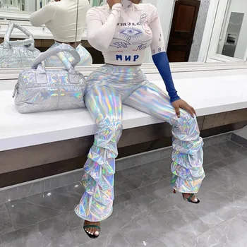 2020 Nové Jarné Ženy Vysoký Pás Nohavice Módne Party Clubwear Obličkového Nohavice Femme Streetwear Svetlice Holografické Push Up Nohavice