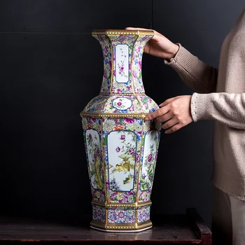 Tradičná Čínska Starožitné Smalt Kvety Šesťhranné VaseCeramic Veľké Poschodí Váza 55 cm Výška Veľké Porcelánové Vázy, Dekorácie