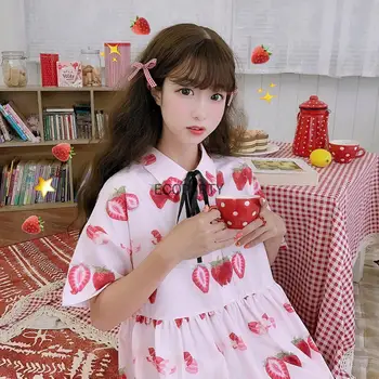 20 Lolita Šaty žien letné Japonské roztomilý jahoda tlač bábika voľné sukne krátke puzdre tričko roztomilý šaty