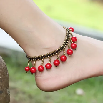 Ručne Pletené Ponožky Náramok Sandále Nevesty Topánky Barefoot Beach Vintage Strapec Červené Korálky Ponožky Pre Ženy, Joga Šperky