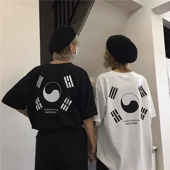 Hip Hop Voľné Nadrozmerná Tee Košele Mužov kórejský Harajuku BF Vytlačené T Shirt Muži Ženy Lete InsCasual Tričko Streetwear Mužov