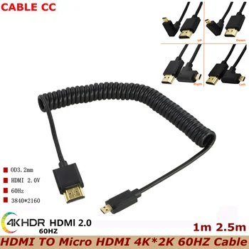 Nové 4K * 2K @ 60HZ OD 3,2 mm Micro HDMI na HDMI Špirála Kábel HDMI 2.0 90 Stupeň Micro HDMI Predĺženie Jar HD Kábel 1 m-2,5 m