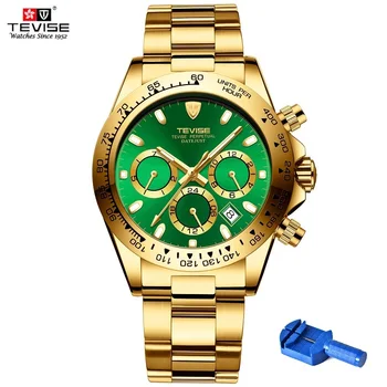 TEVISE Zlato Zelená Mechanické Hodinky Muž Kalendár Svetelnej Strane Luxusné Automatickom Vietor náramkové hodinky S Watchband Stanovenie Nástroj