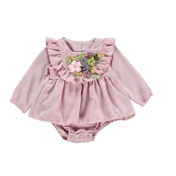 Princezná Jeseň Deti Baby Girl Šaty 3D Kvet Volánikmi Kombinézach Roztomilý Šaty s Dlhým Rukávom O-Krku Jumpsuit Bavlnené Oblečenie 0-24M