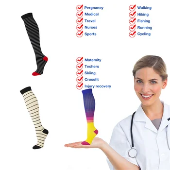 Kvalitné Unisex Kompresné Ponožky Farebné Pruhy Vhodné Na Opuchy, Kŕčové Žily, Cukrovka,Maratón Športov Bežecké Ponožky