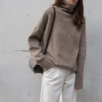 Vysoká krku cashmere sveter žien pribrala voľné Pulóver lenivý vietor pletenie plus veľkosť turtleneck topy