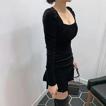 Sexy Prehrabať Zamatové Šaty Lístkového Dlhý Rukáv Mini Bodycon Čierna Vintage 2020 Jar Roztomilý Kórejský Štýl Ženy Oblečenie Kleider Damen