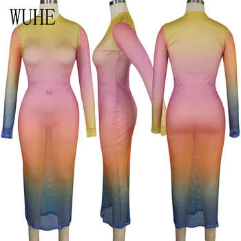 WUHE Ženy Rainbow Tlače Oka Sexy Nočného Klubu Maxi Šaty O-krku Celý Rukáv Bodycon Gradient Pohľadu Strana Narodeniny Šaty