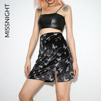 Missnight Black Velvet Split Goth Harajuku Sukne Streetwear Vytlačené Krátke Šaty Pre Ženy Vysoký Pás Sexy Club Oblečenie AW 2020