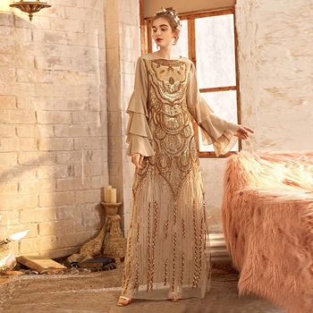 Siskakia Svetlo luxusné Sequin výšivky Maxi Dlhé Šaty Zlaté vrstvený Prehrabať rukáv Arabských Turecko Omán Maroko Dubaj Abaya Šaty