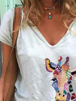 Hot Predaj Bežné Biela Farba Žirafa Tlač Ženy T-shirt Letné Krátke Rukáv V Krku Karikatúra Tlače Voľné Topy