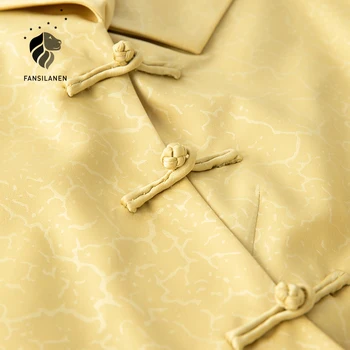 FANSILANEN Žltá v krku tlač saténové šaty Žien krátky rukáv sexy cheongsam mini čínske šaty Elegantné slim party šaty vintage