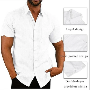 2020 Nové pánske Slim Fit Bavlna Bielizeň, košele Muž jednofarebné tričko s Krátkym Rukávom Letné Topy Bežné Ľanové košele M-3XL