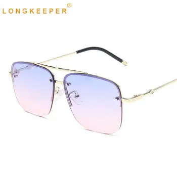 LongKeeper Námestie slnečné Okuliare Ženy Muži Ročník Kovové Semi-bez obrúčok Slnečné Okuliare Dámske Luxusné Značky Gradient Okuliare UV400 Okulary