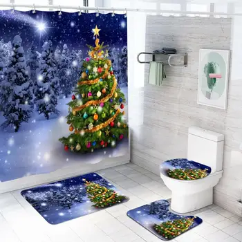 Vianočný Stromček Vzor Kúpeľňa Súpravy s Nepremokavé Polyesterové Sprchový Záves Flanelové Rohože Wc Veko Krytu v tvare U Pad