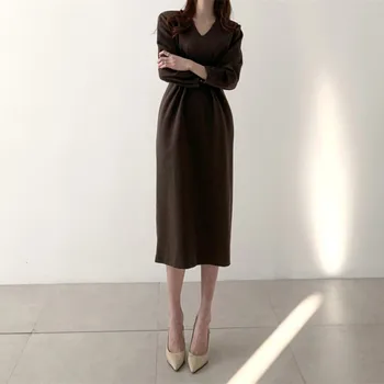 HziriP Pevné Minimalistický Maxi Šaty žien 2020 Nové Jesenné Módne Šaty Elegantné OL tvaru Dlhý Rukáv Šaty Žena Vestidos