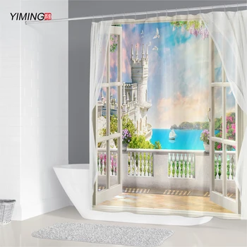 3D okno otvorenie scenérie okno scenérie tlač sprchový záves plesniam umývateľný opony kúpeľňa dekorácie s hákom opony