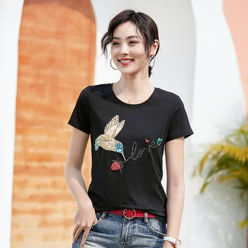 2020 Letné Nový Štýl Ručné Korálkové Vták T-tričko dámske Krátky Rukáv Fashion In Hot Tielko kórejské Oblečenie Žien Tričko