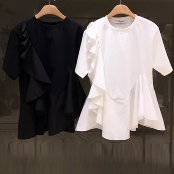 Kórejský Volánikmi patchwork krátky rukáv t shirt ženy bavlna nepravidelný tee tričko femme modis tričko black white 2020 letné topy