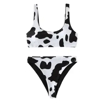 Ženy Sexy Mlieka Kravy Tlač Bikini Set Sexi Push Up High Cut Plavky, Plavky